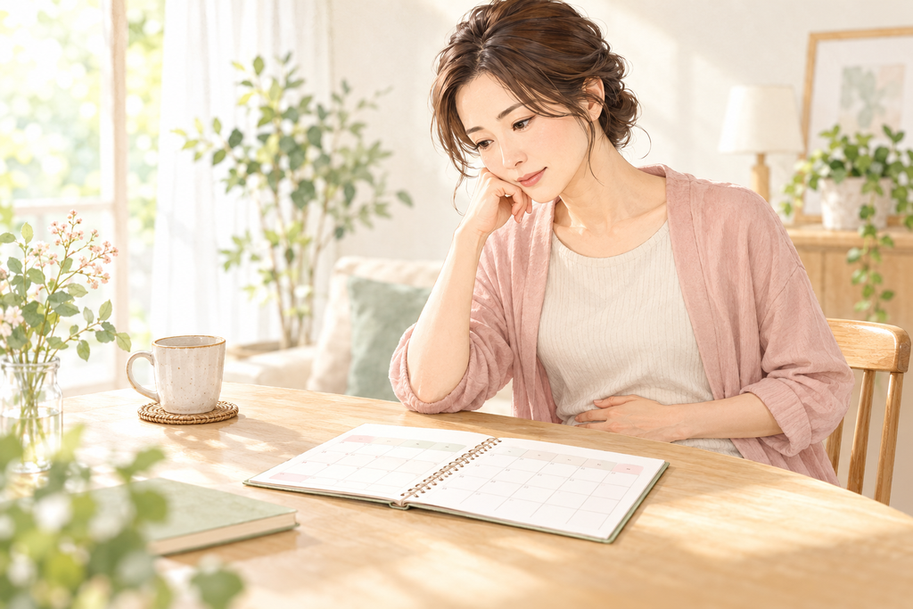 カレンダーを見ながら生理周期について考える女性